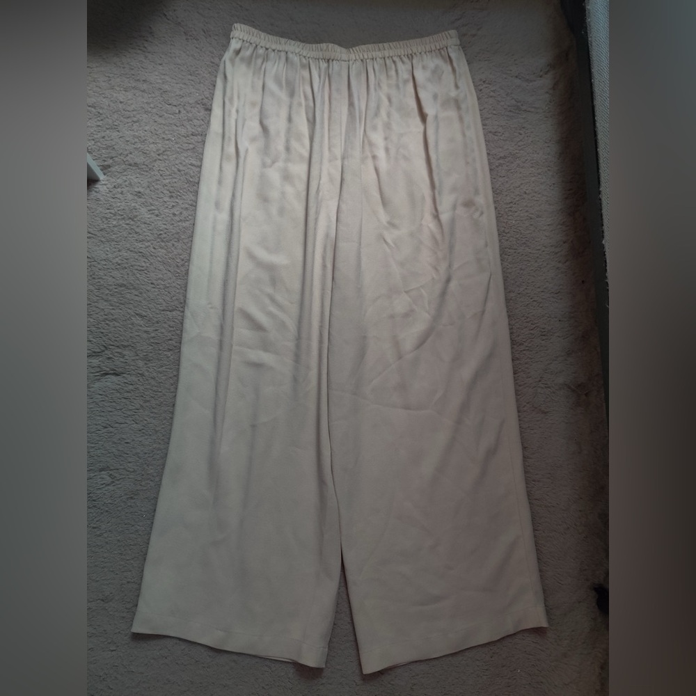 Eileen Fisher Silk Georgette Crepe Beige Wide Leg Pants